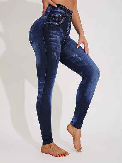 【imitation denim】Autumn And Winter Directional Style, Fashionable And Elegant Women'S Faux Denim Printed Leggings, Casual Fake Faux Denim Skinny Pants, Perfect for The, Three-Quarter Length, High Elasticity, Breathable So
