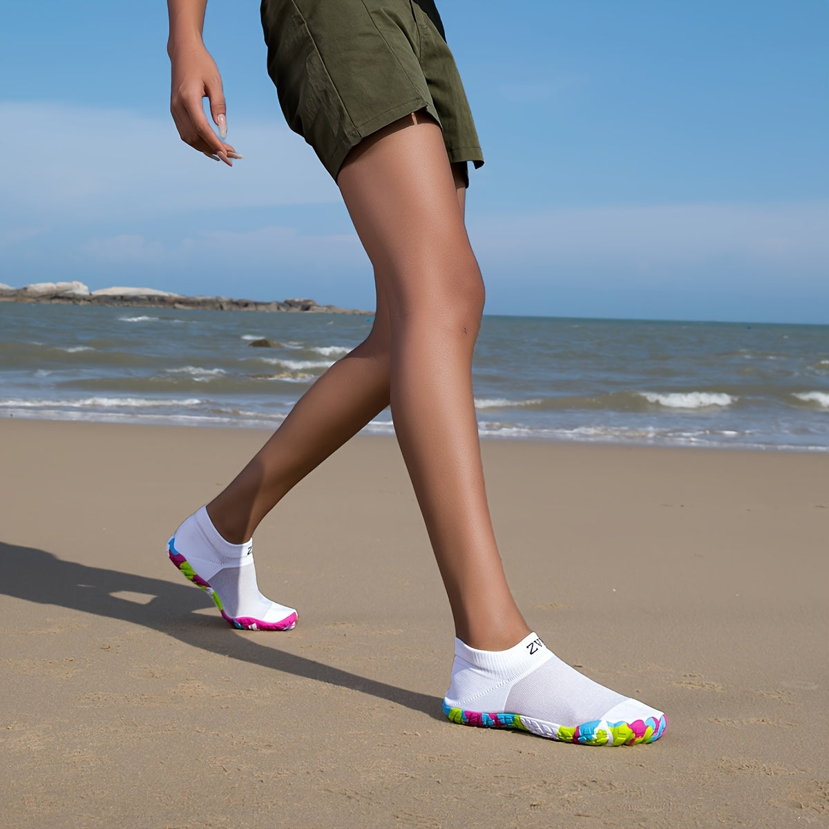 ZVB Women's All-Terrain Water Shoes - Slip- Rubber Sole & Arch, Breathable Quick- Slip-On/Wear, Lightweight Cushioned Insole for Swimming, Yoga, Surfing, Hiking, Beach - All-Season Indoor/ Aquatic Shoes with Elastic Woven Upp