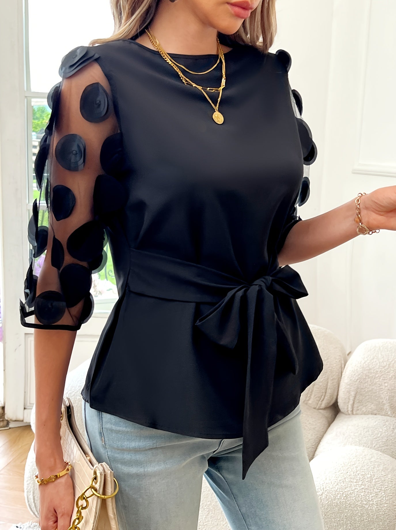 Elegant Off-Shoulder Blouse with Sheer Mesh Panel &amp; Tie-Waist Detail - Chic Solid Color, Half-Sleeve Design, Machine Washable - Perfect for Stylish Outfits
