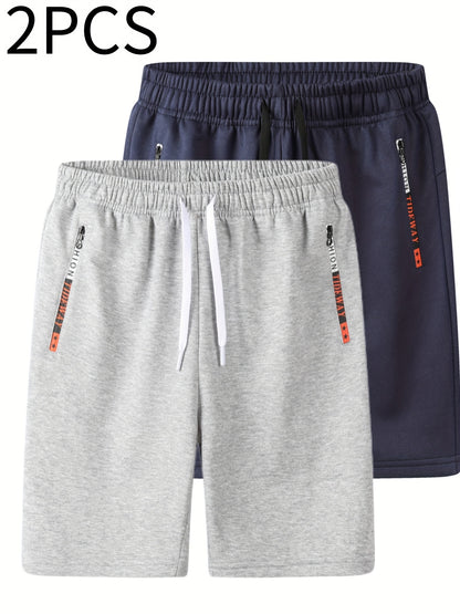 2pcs Men's Casual Outdoor Shorts - Summer Men's Casual Shorts with Zipper Pockets, Minimalist Multi-Pocket Design for Daily Wear, Running, Fitness & Travel, 100% Polyester Knit Fabric, Drawstring Waistband, Machine Washable,