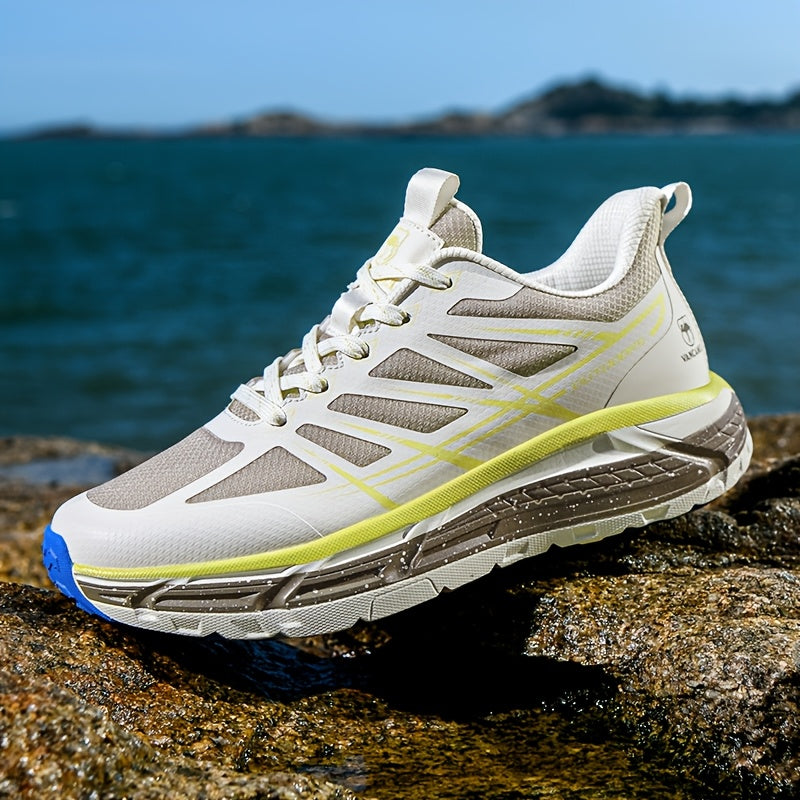 Men's All-Season Breathable Sneakers - Non-Slip Cushioned MD Sole, White/Gray/, Lace-Up Mid-Top Sneakers for Running, Gym, Hiking, Everyday - Extended Sizes Available, Outdoor Activities, Geometric Pattern, Secure Fit, Versat