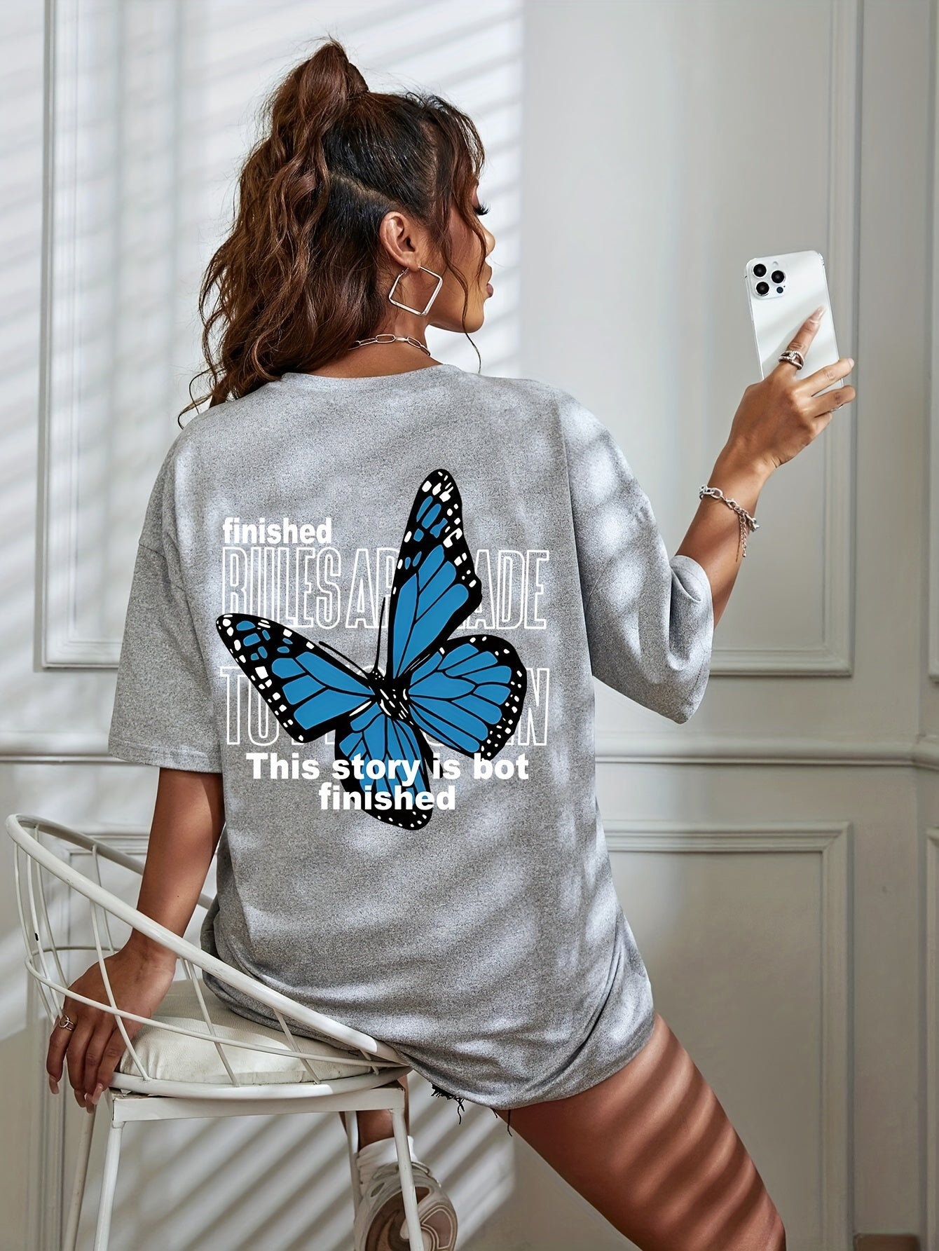 Butterfly Print Loose Sports Short Sleeves Top, Round Neck Running Casual T-shirt, Women's Activewear