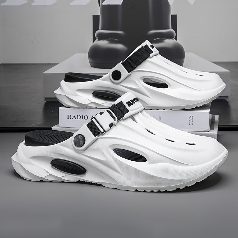 Sandálias de verão unissexo em EVA - Leves, respiráveis, antiderrapantes e confortáveis ​​para a praia, caminhadas e uso casual. Sola macia, bico aberto, design elegante em preto e branco. Calçado de verão | Material EVA