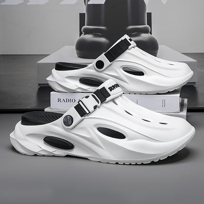 Sandálias de verão unissexo em EVA - Leves, respiráveis, antiderrapantes e confortáveis ​​para a praia, caminhadas e uso casual. Sola macia, bico aberto, design elegante em preto e branco. Calçado de verão | Material EVA