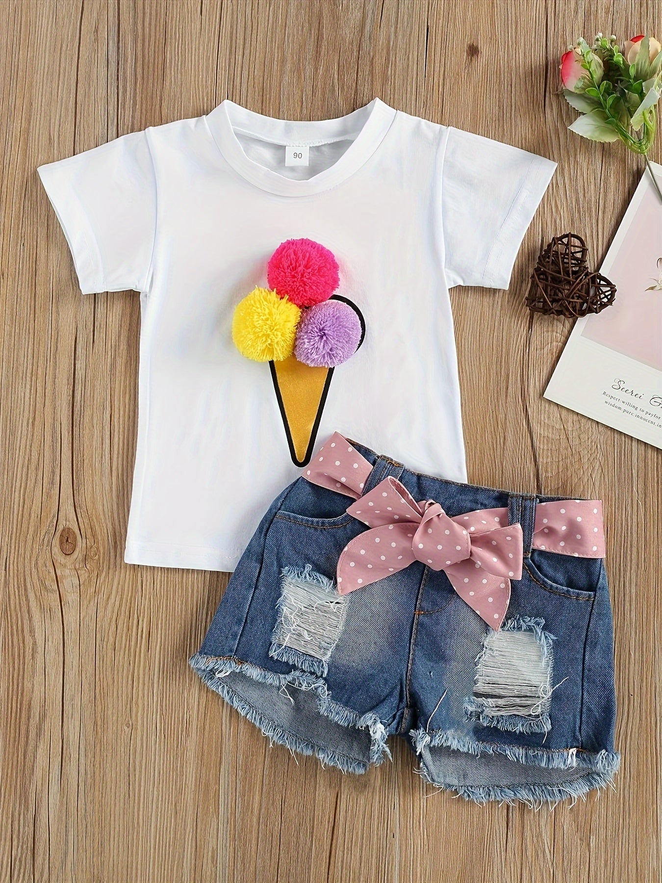 Adorable Girls' Ice Cream Print Short Sleeve Tee & Ripped Denim Shorts Set with Pink Bow Accent - Stretchy, Breathable Summer Outfit for Casual Wear, Perfect for Outdoor