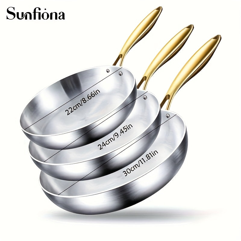 Sunfiona Tri-Ply Stainless Steel Frying Pan Set of 3,21.84/23.88/25.91/27.94/29.97cm Chef's Pans,Skillets,Induction Cookware,Pots and Pans Set,Dishwasher and Oven Safe