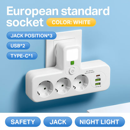 European Plug USB Adapter with 2 USB Ports, 1 C-Shaped Independent Switch, No-Blocking Compact Design, 10A 2500W, Suitable for Home Office Kitchen, Modern Plug Design, Durable Power Outlet