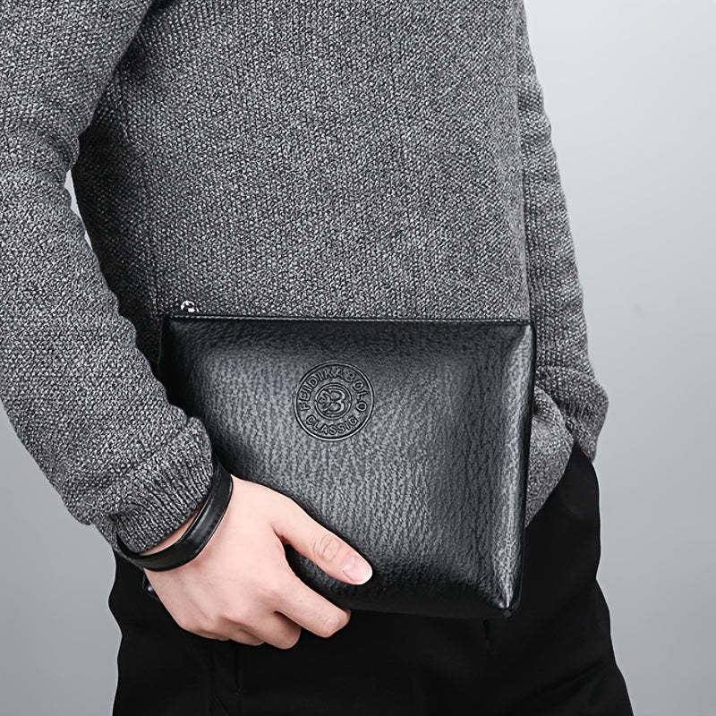 Men's Business Handbag - Large Capacity Multi-Compartment Wallet & Phone Holder with Wrist Strap, Elegant Black Soft Tree-like Texture Design, Golden-Tone Hardware for Daily Commute, Formal Events, Travel - Durable & Stylish