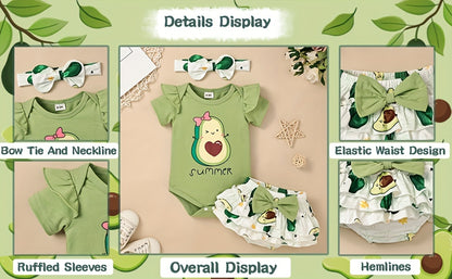 Conjunto de Roupa Infantil para Bebé Menina com Estampado de Abacate: Macacão, Calções e Fita para o Cabelo - 3 Peças - Ideal para o Verão e Atividades ao Ar Livre
