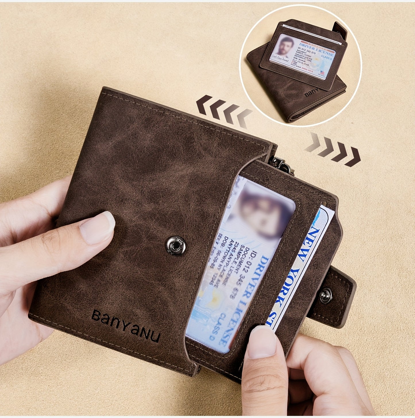 BANYANU Vintage Genuine Leather Wallet for Men - RFID Blocking, 17 Card Slots, Zippered Coin Pocket &amp; Independent Card Holder, Brown, Perfect Father'S Day Gift, Secure Card Storage | Vintage Wallet | Durable Zipper Closure, B