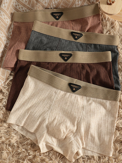 4pcs Men's Cotton Boxer Briefs - Breathable Soft Underwear with Elastic Waistband & Geometric Pattern, Multi-Color (Beige/Navy/Dark Grey/Light Brown) - Plus Size Youth & Adult Casual & Running Shorts - Machine Washable Light