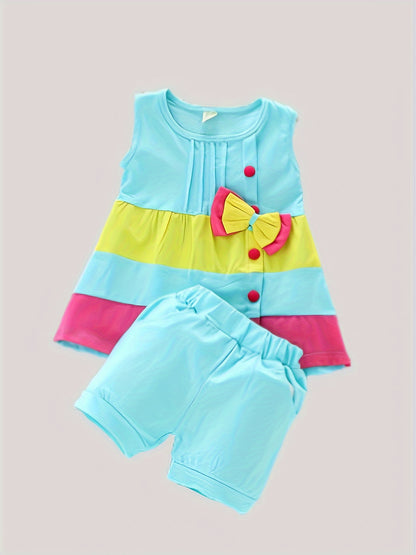 Stylish Color Block Outfit - Cute Bow Puffy Hem Vest & Pocket Shorts Two-piece Set Toddler Baby Clothes Outdoor Clothes Outdoor Suit