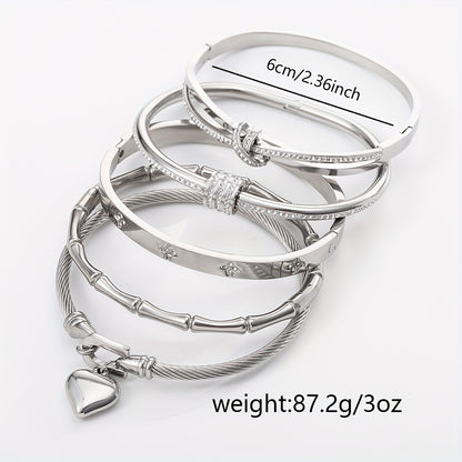 5pcs Classic Stainless Steel Cuff Bracelets, Waterproof and Rust-Resistant Silvery Women'S Light Luxury Rhinestone Bracelets, Suitable for Layering and Combination Matching, Unique Jewelry Accessories Gift