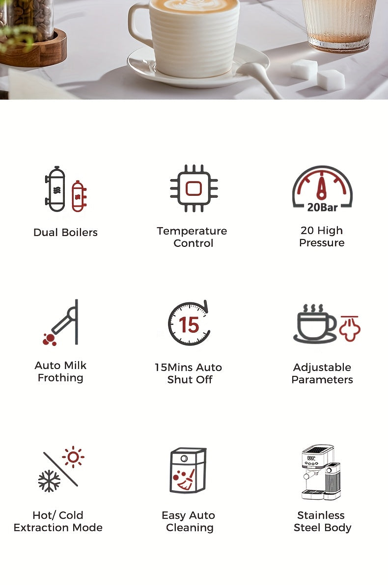 CAFELFFE Semi-Automatic Espresso Machine MK801 with Automatic Milk Frothing System, One-Touch Operation for Espresso, Latte & Cappuccino, 20BAR High Pressure, 1.3L Water Tank & 0.7L Milk Tank, Self-Cleaning Function, 1350W Po