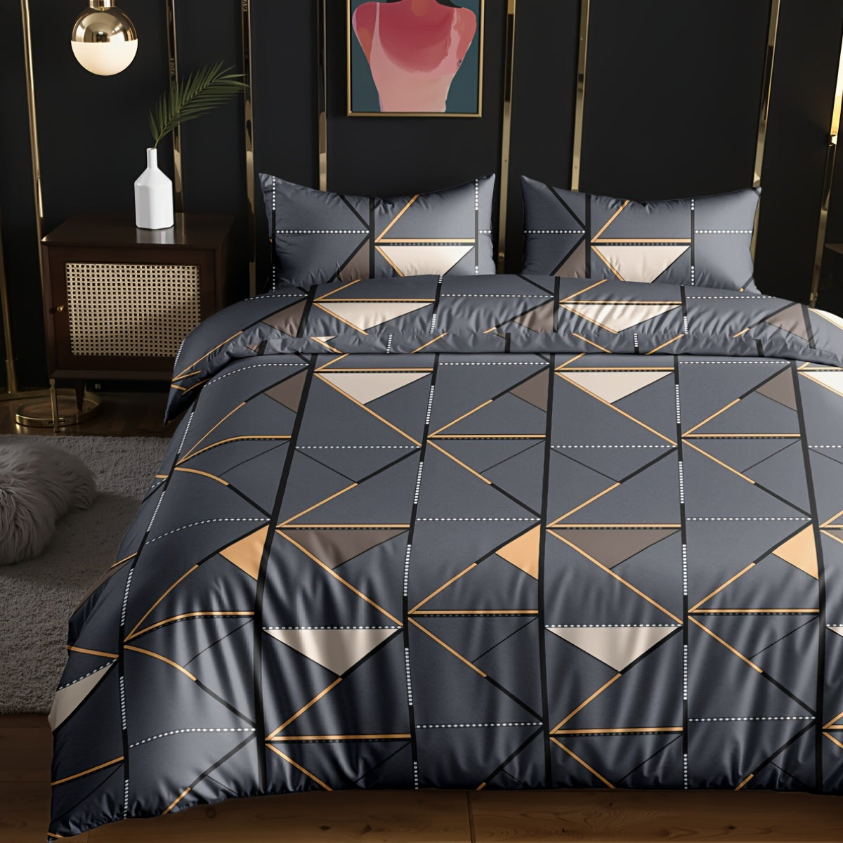 Conjunto de 3 peças, capa de edredão com estampado de triângulos dourados, macia, confortável e respirável, ideal para quarto, quarto de hóspedes ou dormitório de estudantes. Inclui 1 capa de edredão e 2 fronhas.