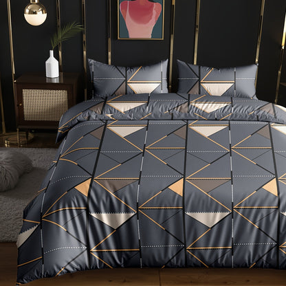 Conjunto de 3 peças, capa de edredão com estampado de triângulos dourados, macia, confortável e respirável, ideal para quarto, quarto de hóspedes ou dormitório de estudantes. Inclui 1 capa de edredão e 2 fronhas.