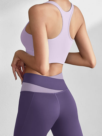 Women's 2-piece sports set with sports bra and leggings, color block design suitable for cycling, fitness, yoga, and running.