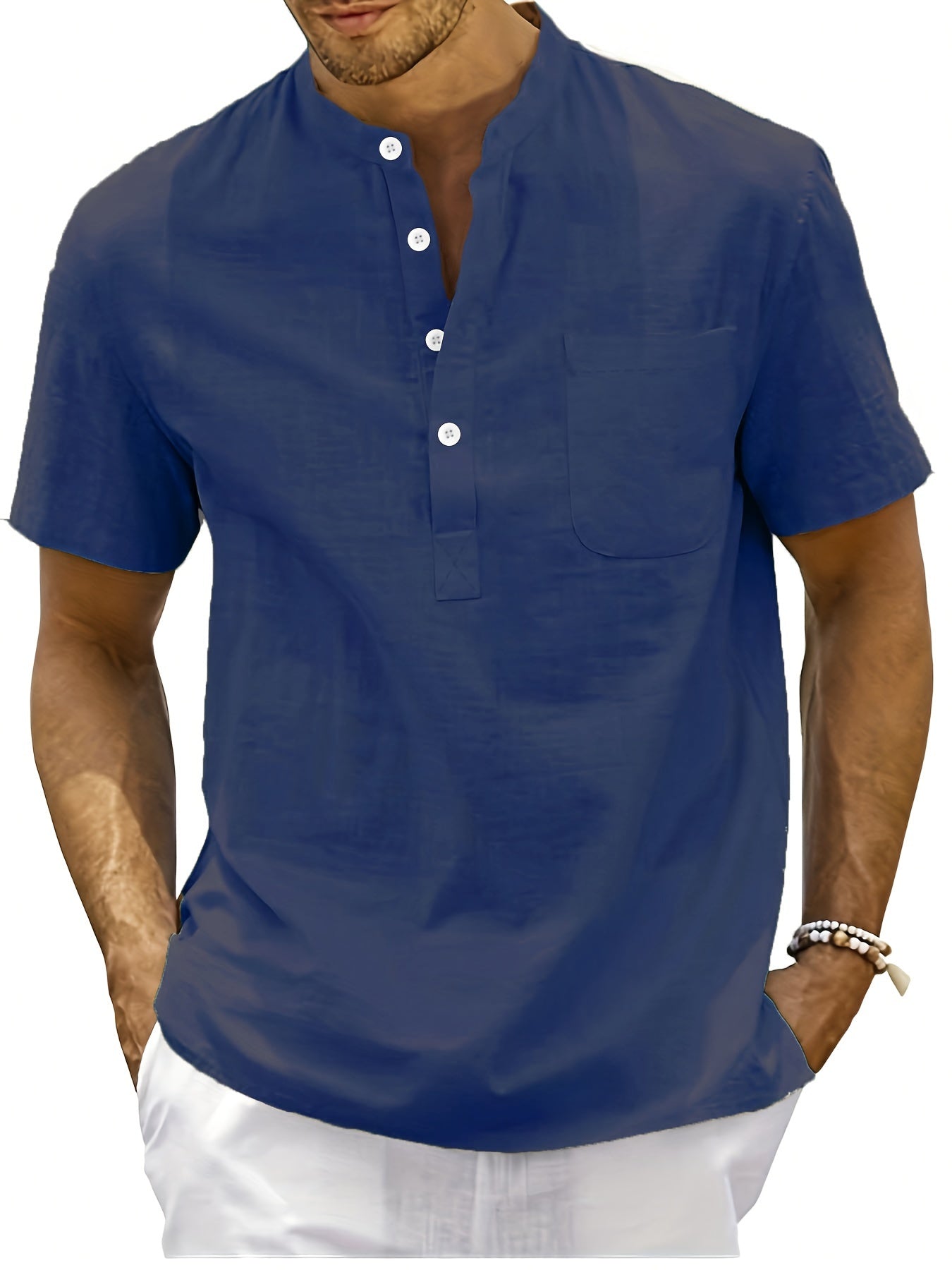 Camisa de homem, gola padre, manga curta, estilo Henley, ideal para o verão, uso casual, negócios e ocasiões formais.