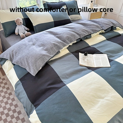 Conjunto de cama de 4 peças macio e respirável - Estampado xadrez espacial criativo, lavável à máquina - inclui lençol, edredão e 2 fronhas para todas as estações - ideal para dormitórios de estudantes, quartos e quartos de hóspedes.