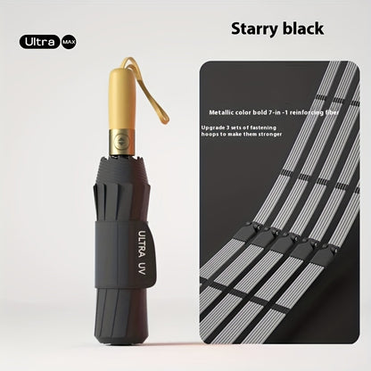 Guarda-chuva resistente com abertura/fecho automático, 12 varetas, pega em madeira maciça (bétula/faia) - Ampla cobertura, resistente ao vento e dobrável, ideal para homens, negócios e viagens - Cor sólida (bordô/preto/azul-marinho)