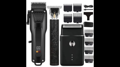 Kit de cuidados profissionais para cabelo e barba para homem com 3 peças - Máquina de cortar cabelo sem fios com visor LED, conjunto de aparador de precisão, recarregável via USB, para uso doméstico, presente perfeito para as festas de fim de ano.