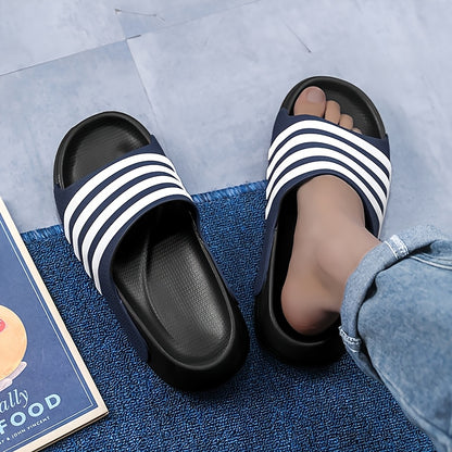 Chinelo unissexo casual às riscas, bico redondo, sola macia em EVA antiderrapante e antirriscos, ideal para caminhadas, atividades ao ar livre e uso diário.