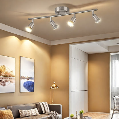 AMANSOUR Modern 4-Flame LED Ceiling Light, 330° Rotatable Spotlight, Semi Flush Mount, Matte Nickel, Cast Iron, Switch Control, Hard-Wired 110-240V, for Kitchen, Living Room, Bedroom - No Bulbs Included