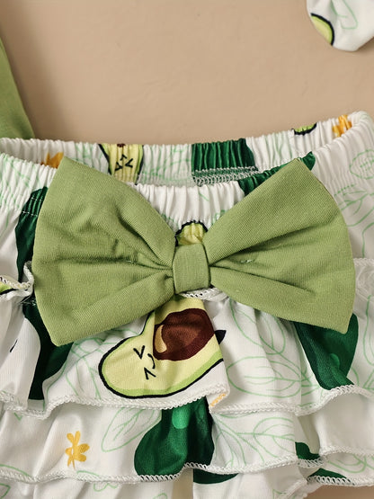 Conjunto de Roupa Infantil para Bebé Menina com Estampado de Abacate: Macacão, Calções e Fita para o Cabelo - 3 Peças - Ideal para o Verão e Atividades ao Ar Livre