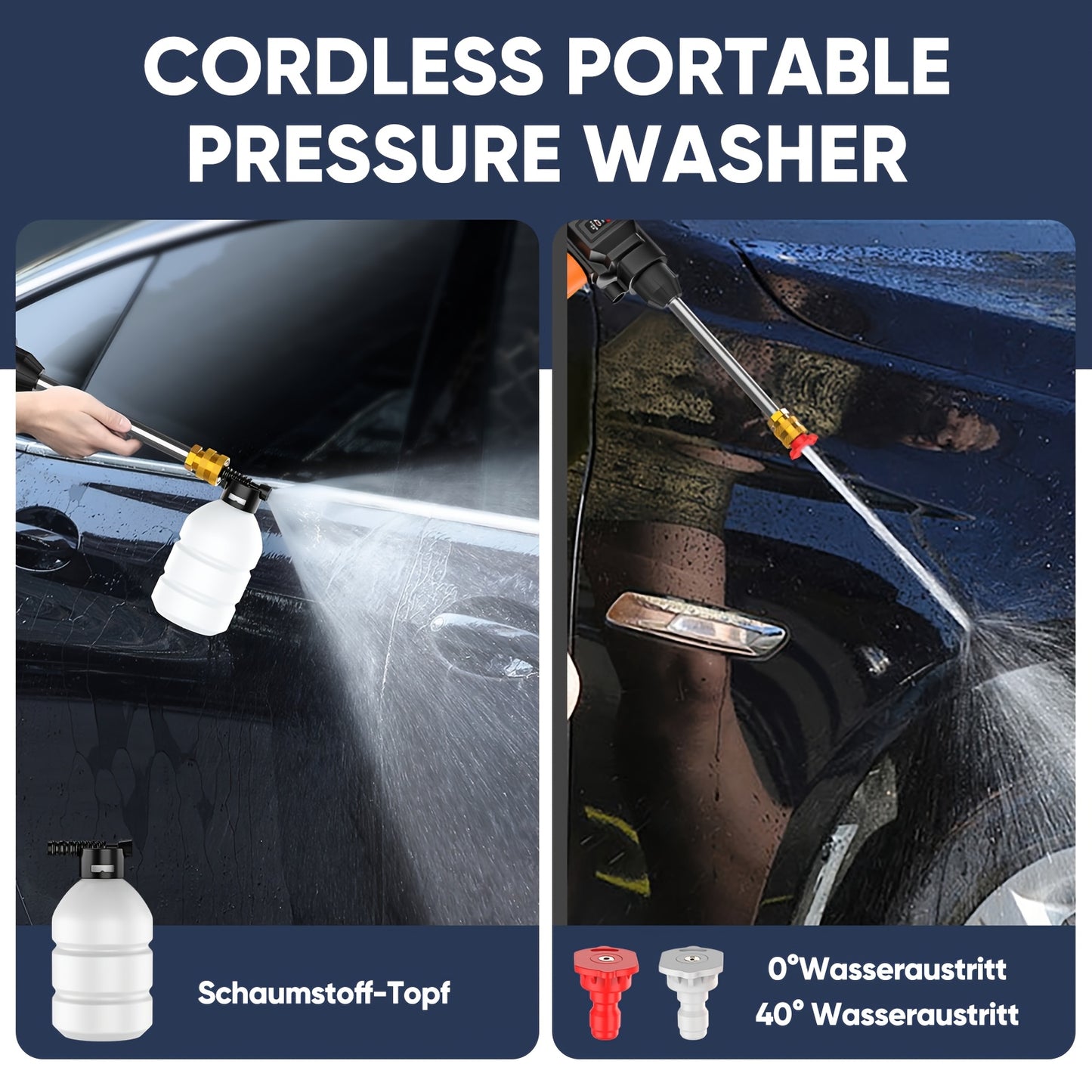 Pistola de limpeza de alta pressão sem fios, auto-ferrante, com jato contínuo de espuma, mangueira de 5 m e 2 pilhas de lítio recarregáveis, bocal 3 em 1, lavadora elétrica portátil, ideal para lavar automóveis, limpar jardins e pavimentos.