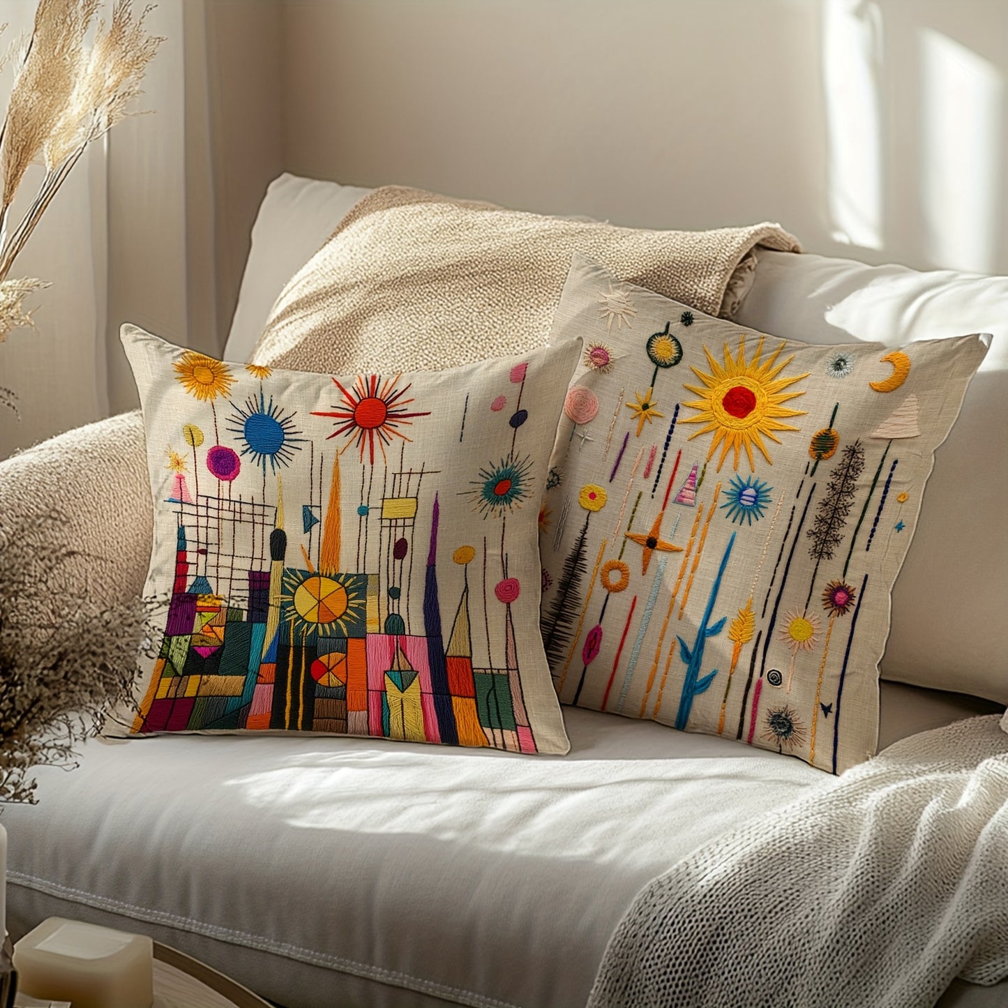 2D printing, 4pcs, abstract pillow set, with beige as the base, featuring elements such as sun and geometric shapes, full of artistic sense, not real embroidery. 45.72*45.72cm, home decoration, suitable for sofas, living rooms