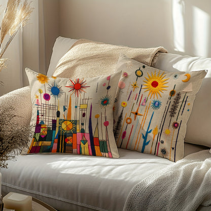 2D printing, 4pcs, abstract pillow set, with beige as the base, featuring elements such as sun and geometric shapes, full of artistic sense, not real embroidery. 45.72*45.72cm, home decoration, suitable for sofas, living rooms