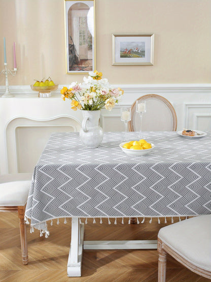 1pc, Bohemian Geometric Wave Pattern Tablecloth - European Style Cotton and Linen Rectangular Tablecloth for Farmhouse, Restaurant, Picnic, Camping, Birthday Party Decoration and Home Decor