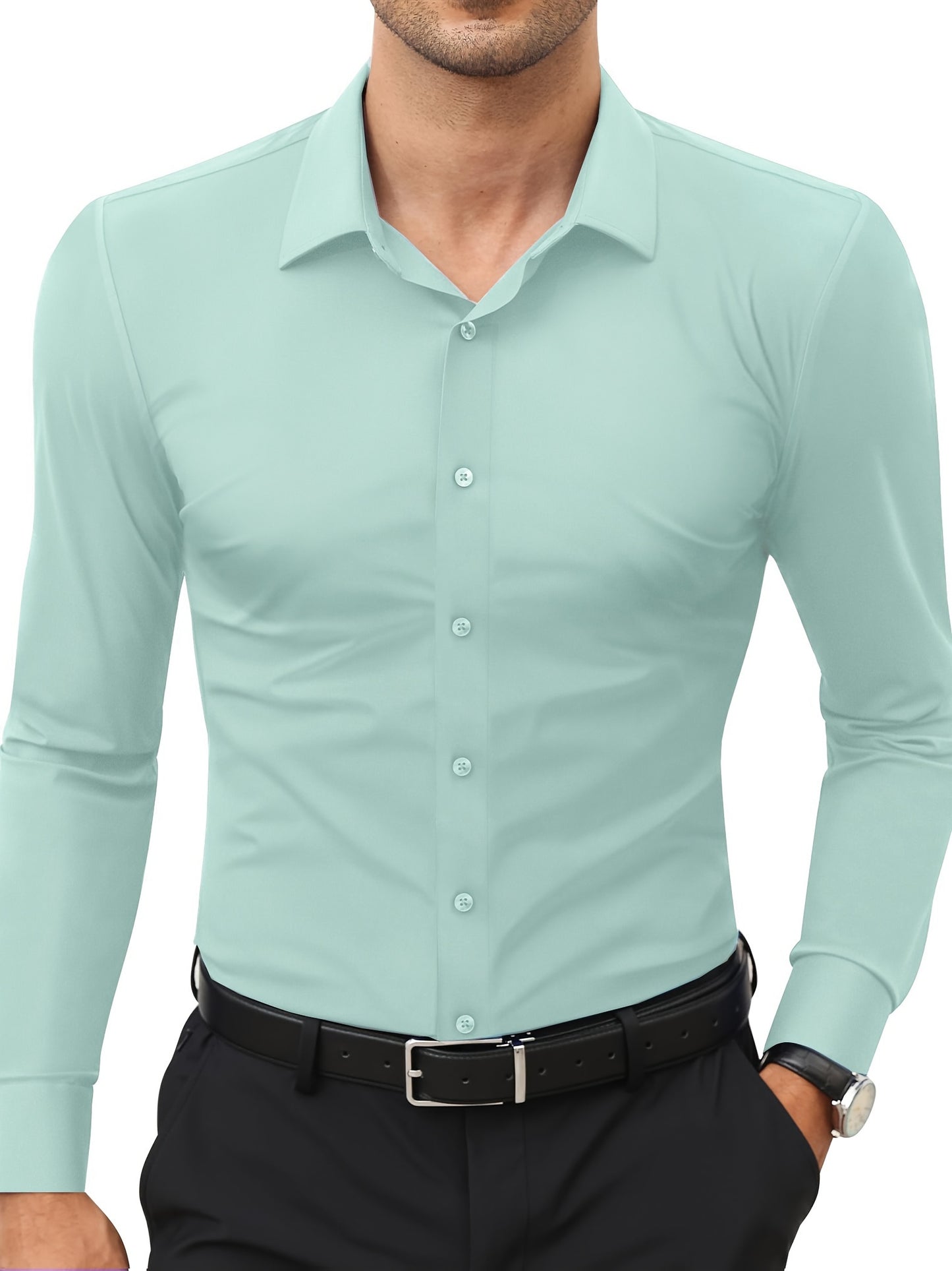 Camisola de homem de manga comprida com corte slim - 55% algodão, 40% poliéster, 5% elastano, cor lisa, para todas as estações, tecido plano, fecho com botões, gola de lapela, ideal para o fim de semana, 125 g/m²