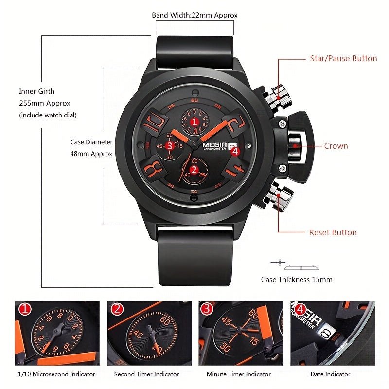 MEGIR Multifunction Men's Watch, Sports Silicone Strap Waterproof Calendar Quartz Watch 2002, Ideal Choice For Gifts