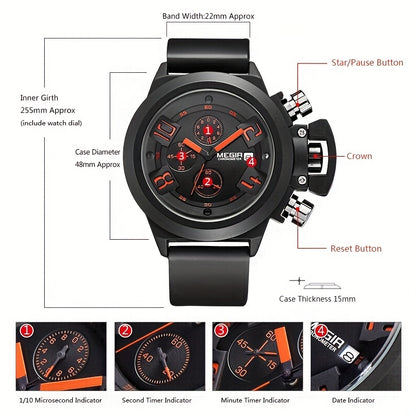 MEGIR Multifunction Men's Watch, Sports Silicone Strap Waterproof Calendar Quartz Watch 2002, Ideal Choice For Gifts
