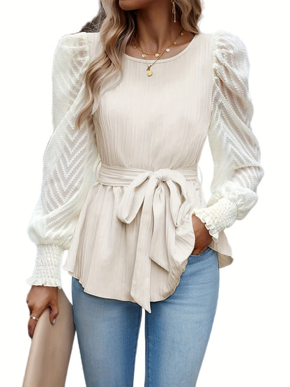 Mesh Stitching Crew Neck Belted Blouse, Elegant Long Sleeve Blouse For Spring & Fall, Women's Clothing