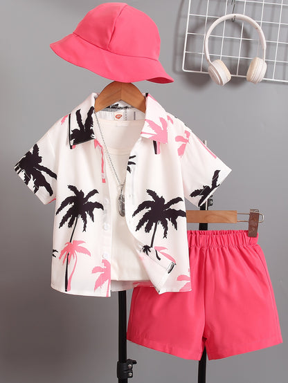 Boys' Summer Fashion Street Shirt Three-piece Set Only Selling Hats, Shirts and Shorts, Perfect for Outdoor