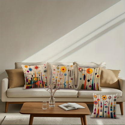 2D printing, 4pcs, abstract pillow set, with beige as the base, featuring elements such as sun and geometric shapes, full of artistic sense, not real embroidery. 45.72*45.72cm, home decoration, suitable for sofas, living rooms