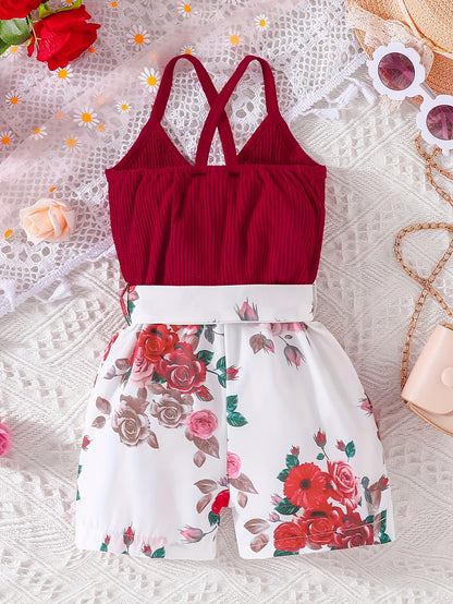 Girls' Summer Casual Floral Print Off-Shoulder Jumpsuit with Adjustable Waist Belt - Lightweight Breathable Shorts for Outdoor Play & Daily Wear, Blue & White Flower Design, Perfect for Weekend Outings, Cute Outfits for Girls