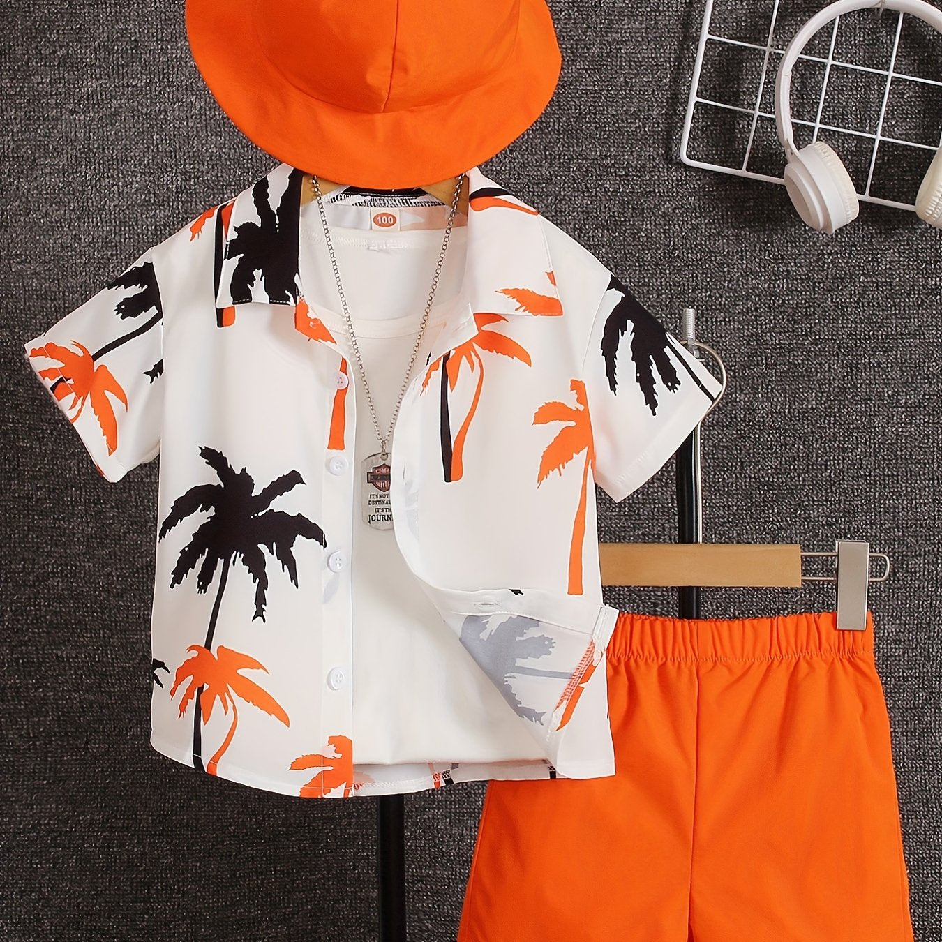 Boys' Summer Fashion Street Shirt Three-piece Set Only Selling Hats, Shirts and Shorts, Perfect for Outdoor