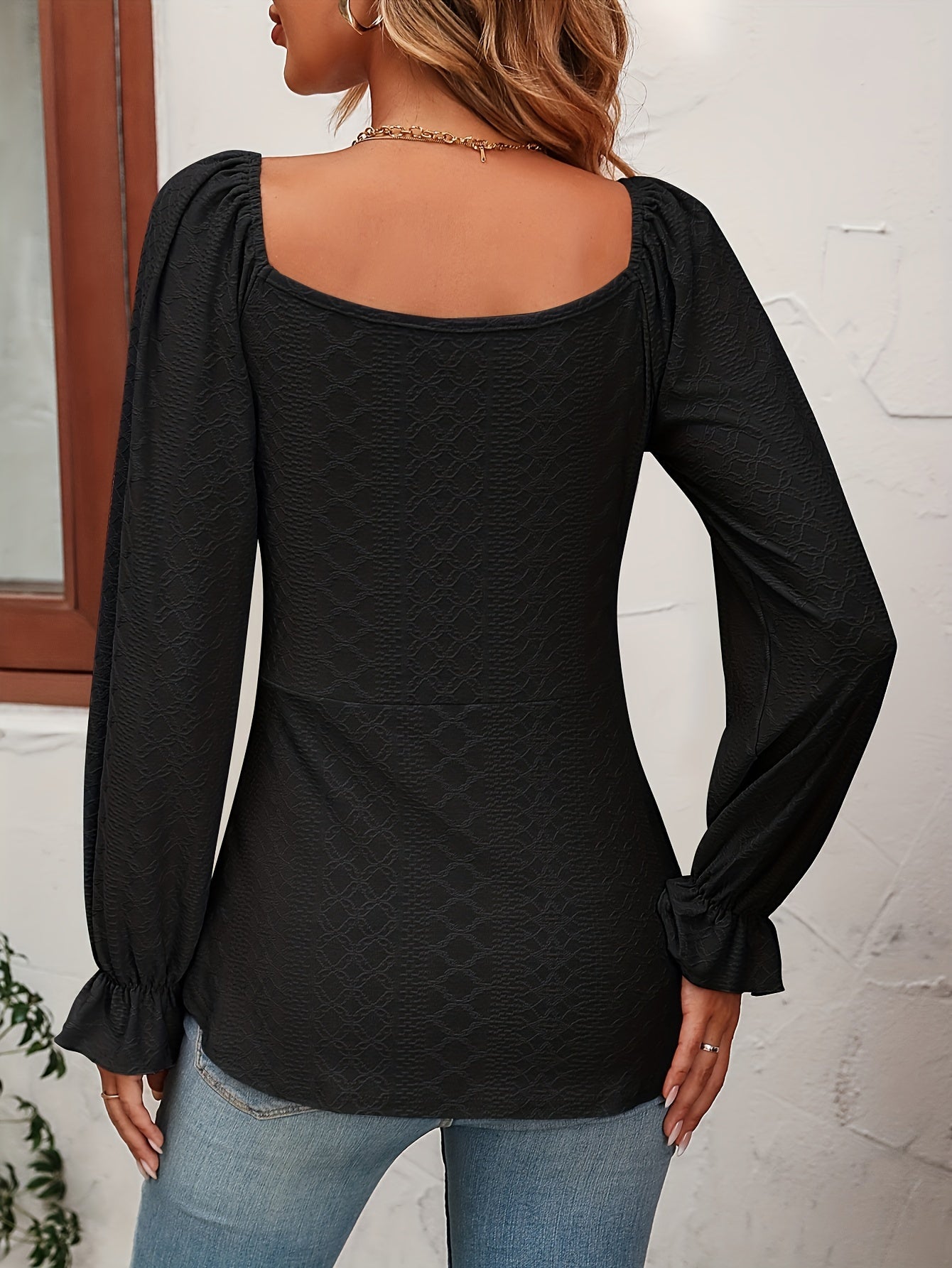 Jacquard Drawstring Front V Neck T-Shirt, Casual Long Sleeve Top For Spring & Fall, Women's Clothing