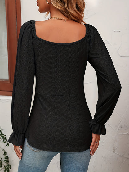 Jacquard Drawstring Front V Neck T-Shirt, Casual Long Sleeve Top For Spring & Fall, Women's Clothing