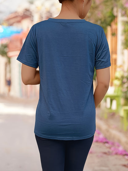 T-shirt casual para mulher com decote em V e estampado da inscrição "Brooklyn New York" - Estampado vibrante em rosa e preto, manga curta, corte regular, lavável à máquina, ideal para a primavera, verão e outono. Tecido resistente e durável.