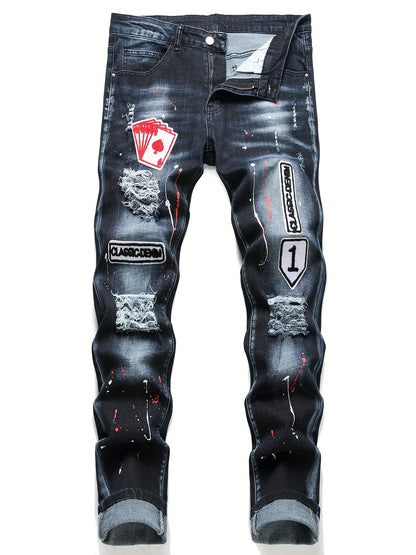 Patch Splatter Ripped Jeans, Men's Casual Street Style Distressed Slim Fit High Stretch Denim Pants For Spring Summer