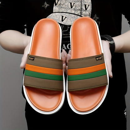 Men's Casual Slip-On Slippers - Breathable Synthetic & Rubber Sole, Lightweight Comfortable Indoor/Outdoor House Shoes with Random Pattern Design, House Slippers