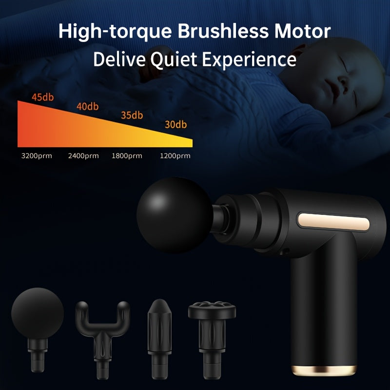 O massajador portátil vem com quatro cabeças de massagem intercambiáveis, tem um ecrã LED, pode ser carregado via USB, opera com uma voltagem de ≤36V, é alimentado por uma bateria de lítio 18650 e foi concebido para uma utilização multifuncional.