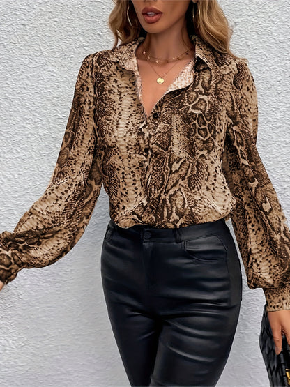 Elegante blusa de mulher com estampado de pele de cobra e botões frontais, mangas compridas abalonadas, ideal para a primavera e outono.