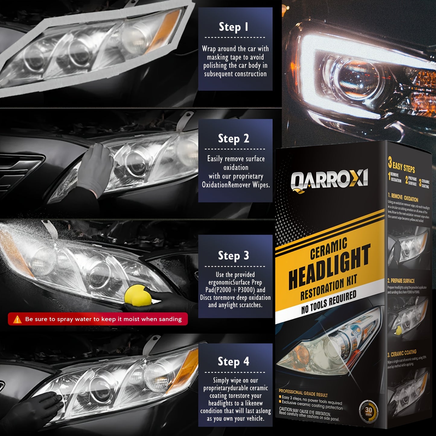 QARROXI Cefor ramic Headlight Restoration Kit, 3-Step DIY Headlight Renewal, UV Blocking Clear Coat, Enhanced Light Output & Beam Precision, Durable Fabric Material, with Compatible Multiple Models for Uncharged
