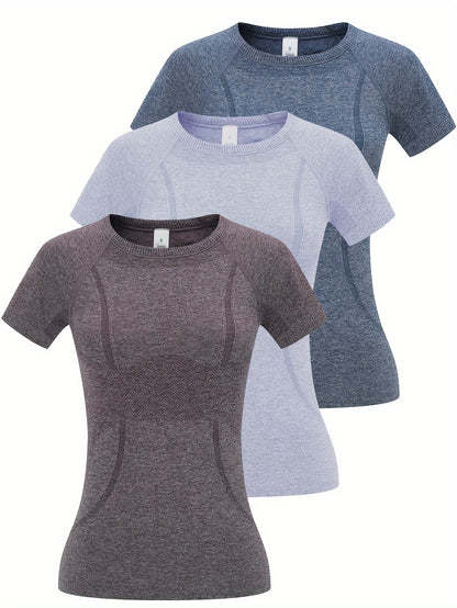 3pcs Women's Sports Fitness Running Top, Short Sleeve Quick-drying Breathable Comfortable T-shirt, Women's Clothing