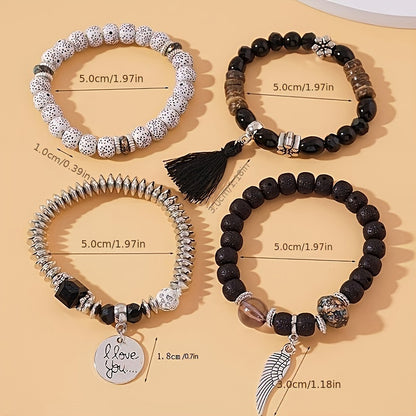 4pcs Bohemian Ethnic Style Winged Tassel Beaded Bracelets, Women's Fashion Jewelry, Versatile for Casual Attire and Perfect Holiday Gift for Girlfriend or Wife!